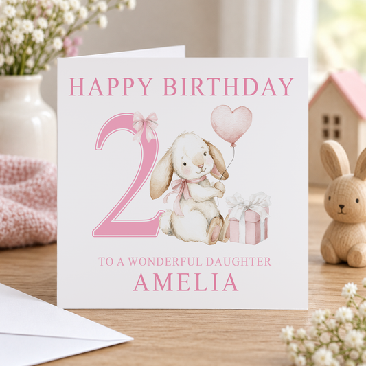 Pretty Pink Bunny Birthday Card – Personalised with Name & Age