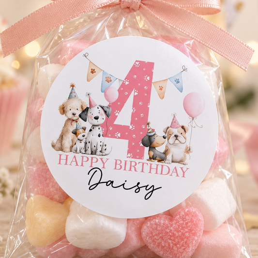 Puppy Party Stickers – Personalised Dog Birthday Labels for Girls' Parties