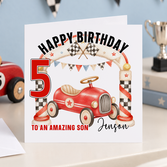 Racing Car Birthday Card – Personalised for Boys Turning 1 to 9