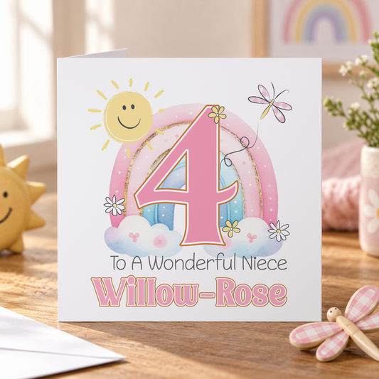 Rainbow & Flowers Birthday Card – Personalised for Girls