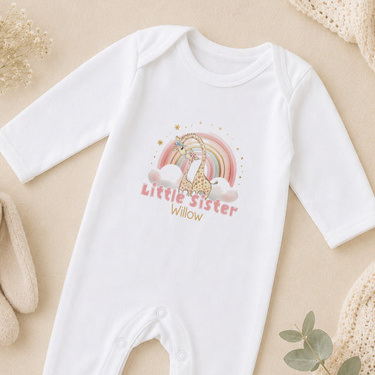 Personalised Rainbow Giraffe Little Sister sleepsuit