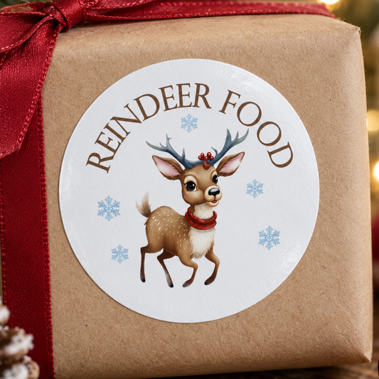 Reindeer Food Christmas Stickers - Snowy Reindeer Round Gift Labels