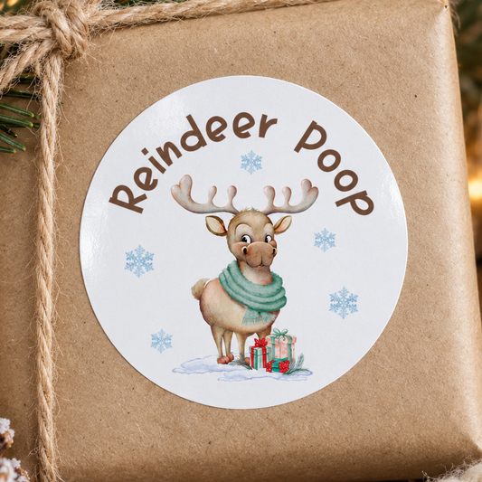 Reindeer Poop Christmas Stickers - Cheeky Round Glossy Treat Labels