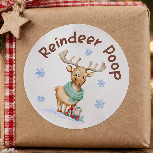 Reindeer Poop Christmas Stickers - Cheeky White Gloss 5cm Gift Labels