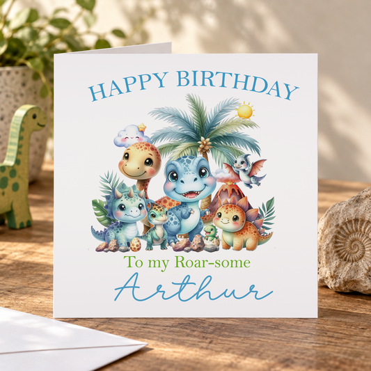 Roarsome Dinosaur Birthday Card – Personalised Kids Card With Custom Name & Age