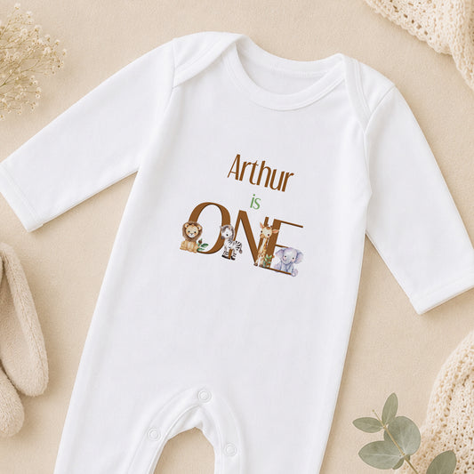 Personalised Safari Friends First Birthday sleepsuit