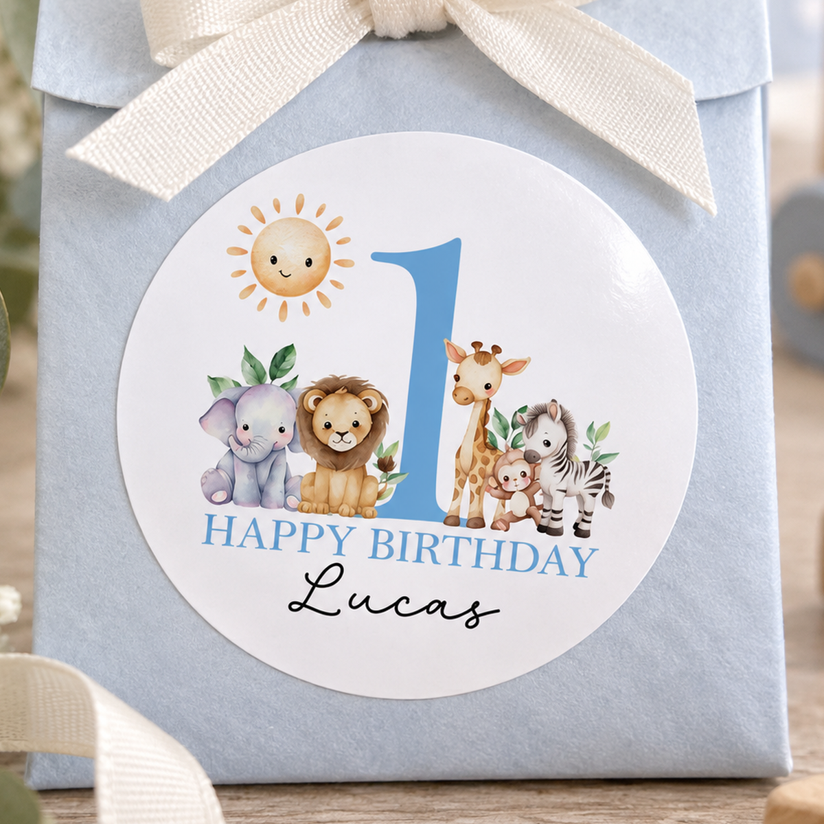 Safari Jungle Birthday Stickers – Personalised Party Labels for Baby Boy's 1st Birthday