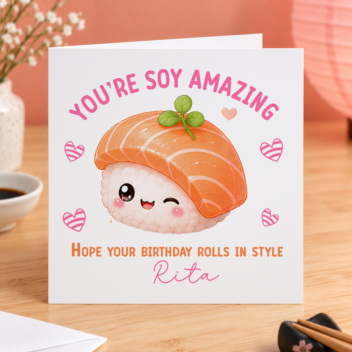 Personalised kawaii salmon sushi birthday card, 6x6 inch square card with envelope