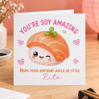 Personalised kawaii salmon sushi birthday card, 6x6 inch square card with envelope