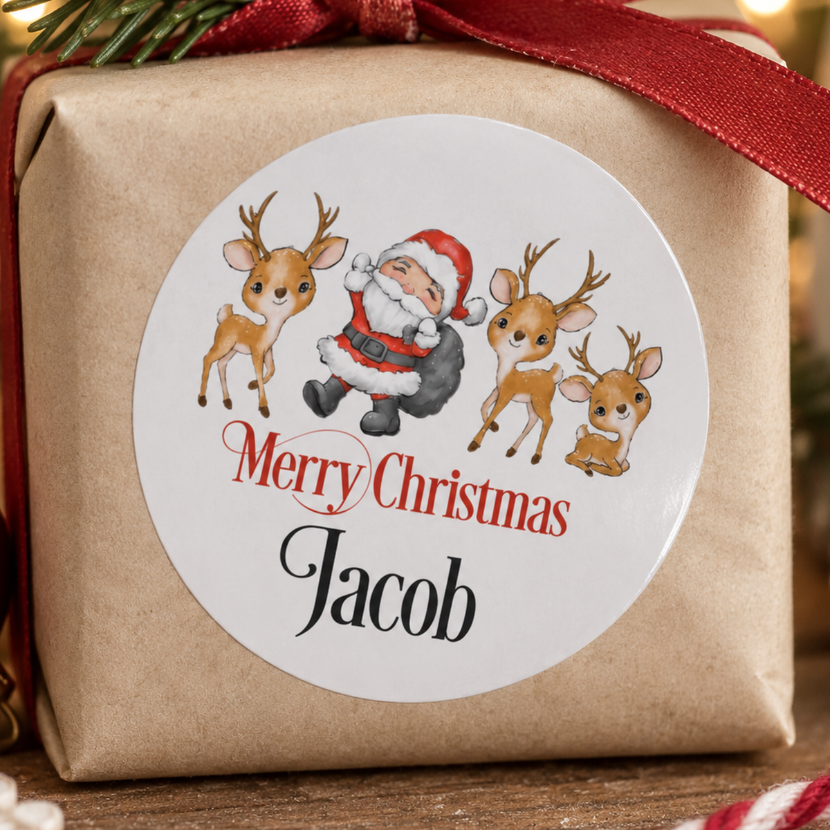 Santa & Reindeer Personalised Christmas Stickers – Glossy Name Labels for Gift Wrap & Party Bags