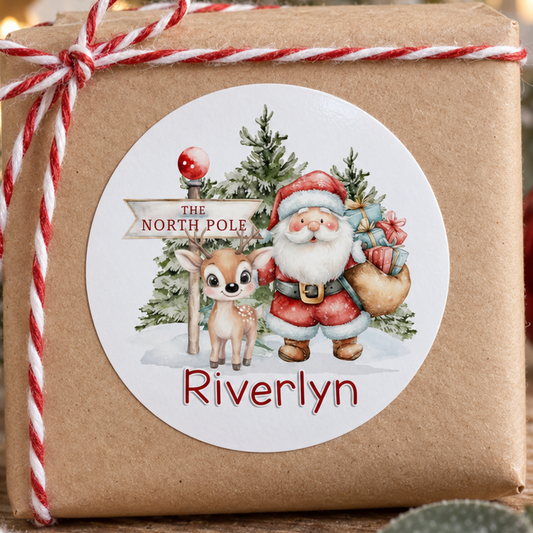 Santa's North Pole Personalised Christmas Stickers – Custom Name Round Gift Labels