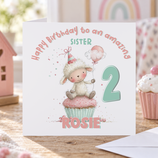 Sheep & Cupcake Birthday Card – Personalised Name and Age, Square 6x6