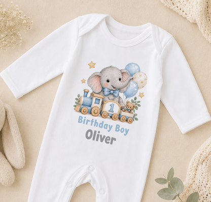 Personalised 1st birthday sleepsuit, Elephant Train Birthday Boy design with name