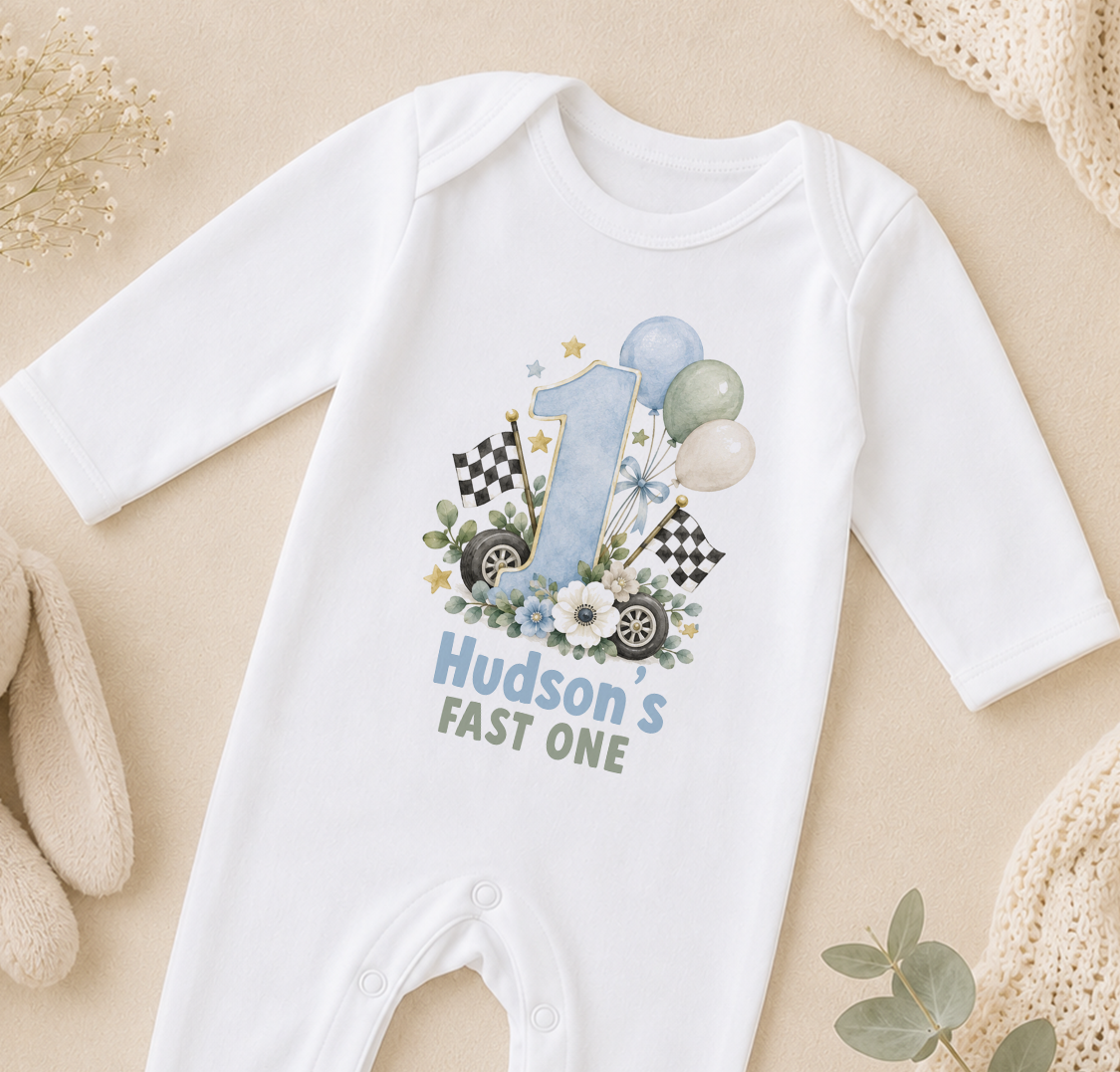Personalised 1st birthday sleepsuit, Fast One Racing Car design with name