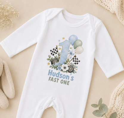 Personalised 1st birthday sleepsuit, Fast One Racing Car design with name