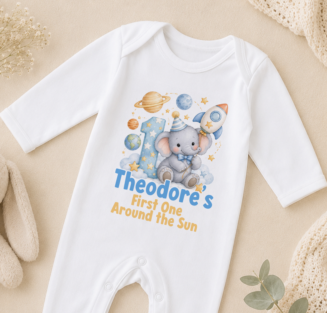 Personalised 1st birthday sleepsuit, Space Elephant First Trip Around the Sun design with name