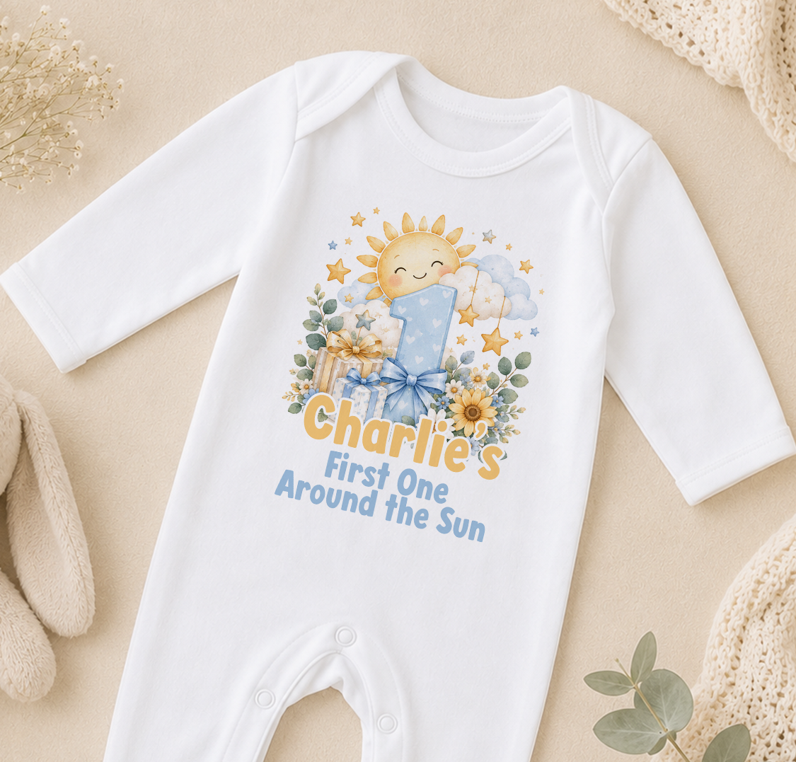 Personalised 1st birthday sleepsuit, Sunshine First One Around the Sun design with name