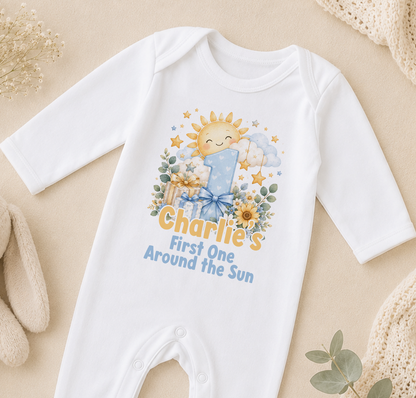 Personalised 1st birthday sleepsuit, Sunshine First One Around the Sun design with name