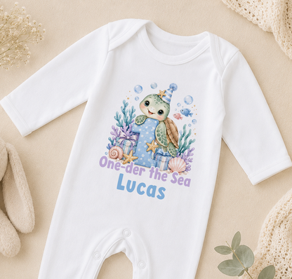 Personalised 1st birthday sleepsuit, Turtle One-der the Sea design with name