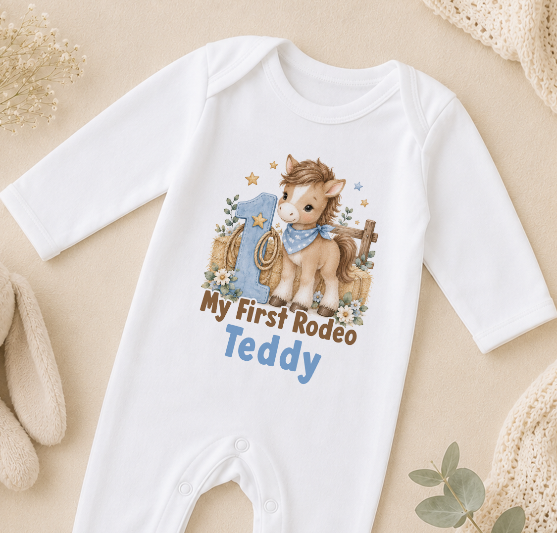 Personalised 1st birthday sleepsuit, My First Rodeo Pony design with name