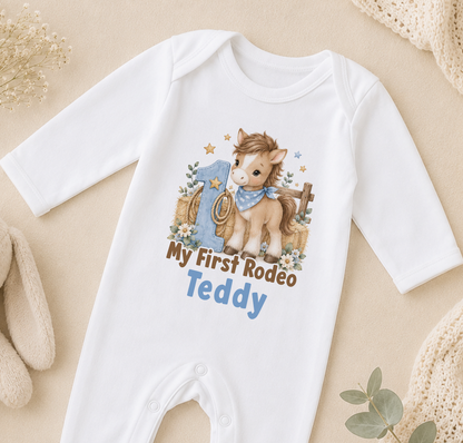 Personalised 1st birthday sleepsuit, My First Rodeo Pony design with name