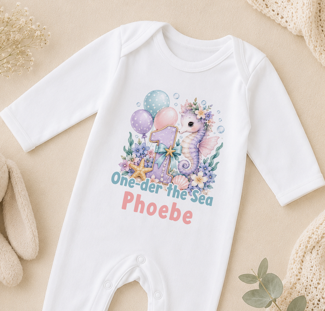 Personalised 1st birthday sleepsuit, Seahorse One-der the Sea design with name