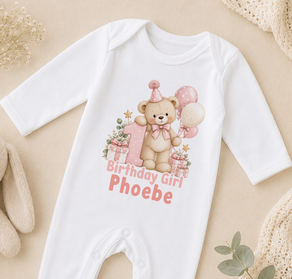 Personalised 1st birthday sleepsuit, Pink Teddy Balloons Birthday Girl design with name