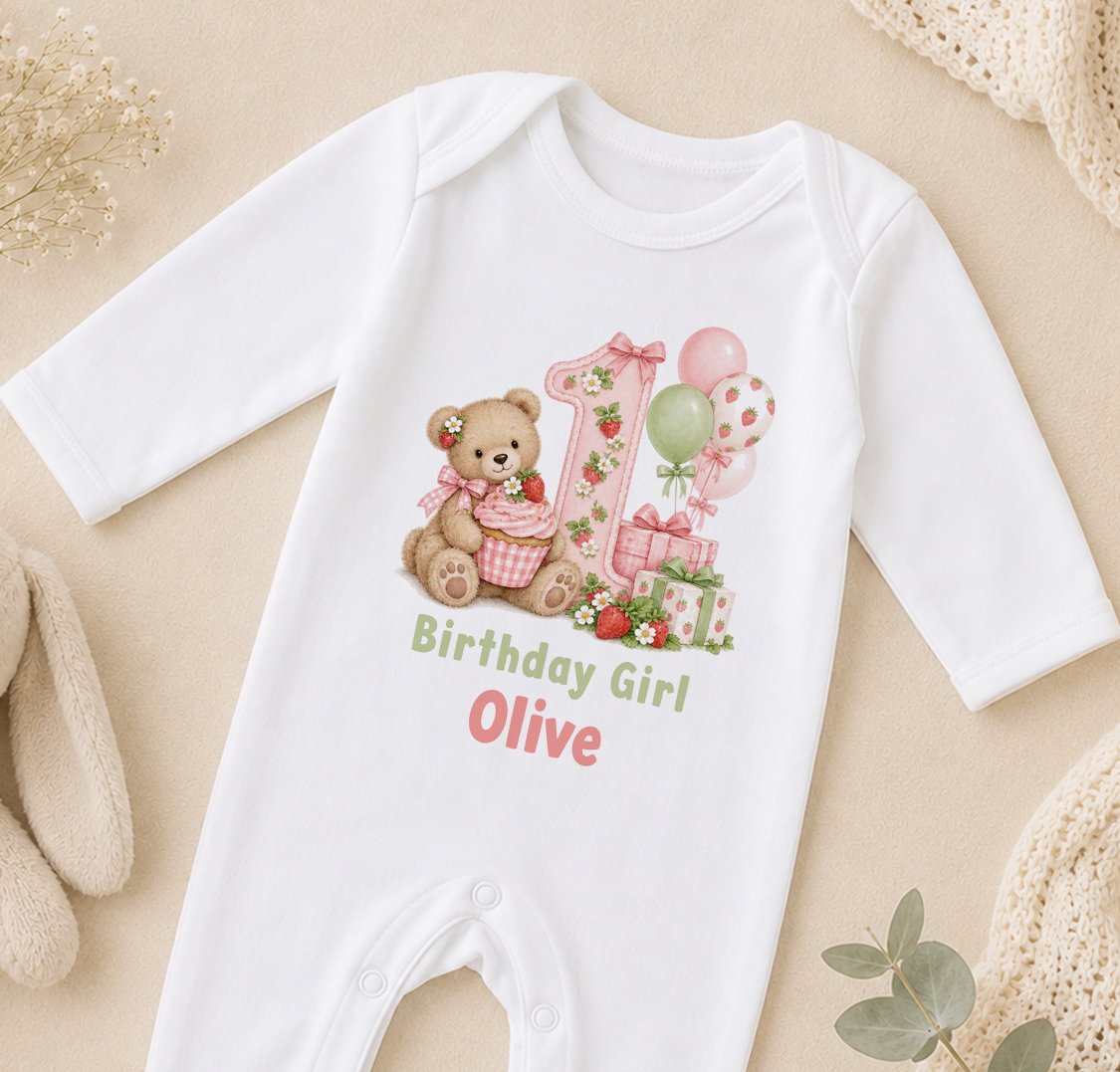 Personalised teddy and strawberries first birthday girl sleepsuit – pink number 1, balloons, Birthday Girl Olive