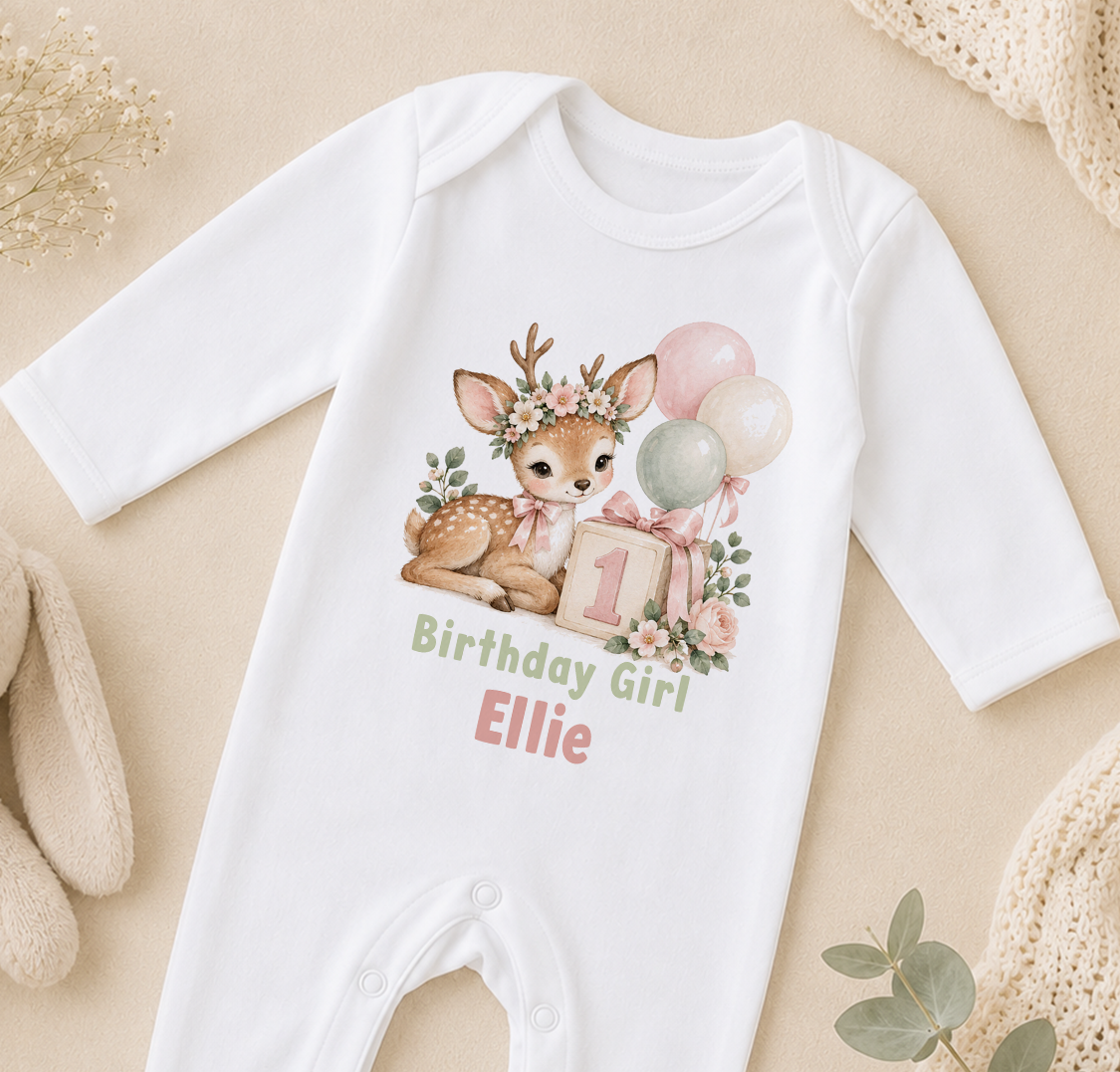 Personalised deer first birthday girl sleepsuit – baby deer with balloons, floral number 1, Birthday Girl Ellie