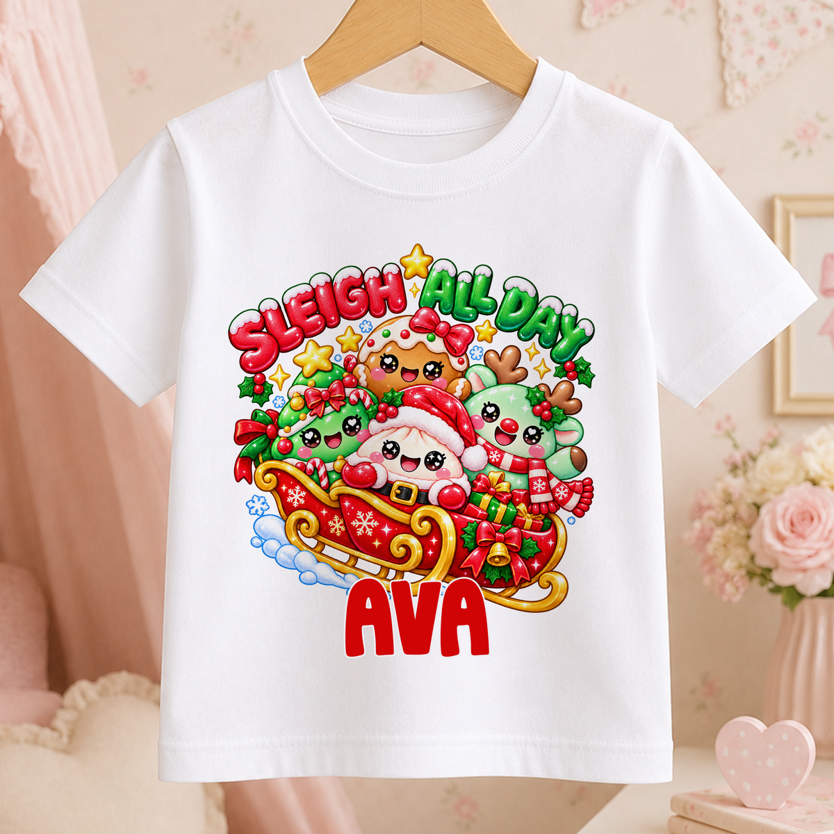 Personalised Sleigh All Day Christmas t-shirt – white tee with kawaii Santa in a golden sleigh with reindeer and gingerbread friends, with the name Ava in red