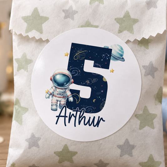 Space Explorer Party Stickers – Personalised Astronaut 5th Birthday Labels