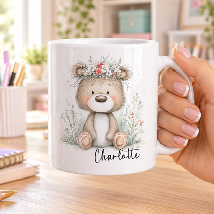 Personalised Teddy Bear Mug – Floral Design, Gift for Her