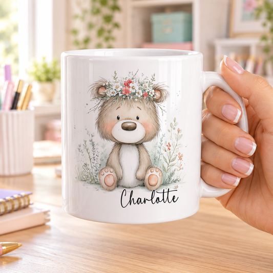Personalised Teddy Bear Mug – Floral Design, Gift for Her