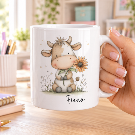 Personalised Cow Mug – Floral Animal Lover Gift for Mum or Sister