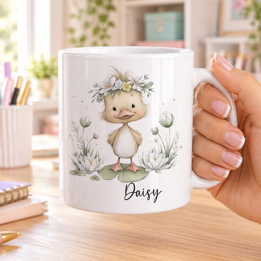 Personalised Duck Mug – Floral Design, Cute Animal Gift for Her