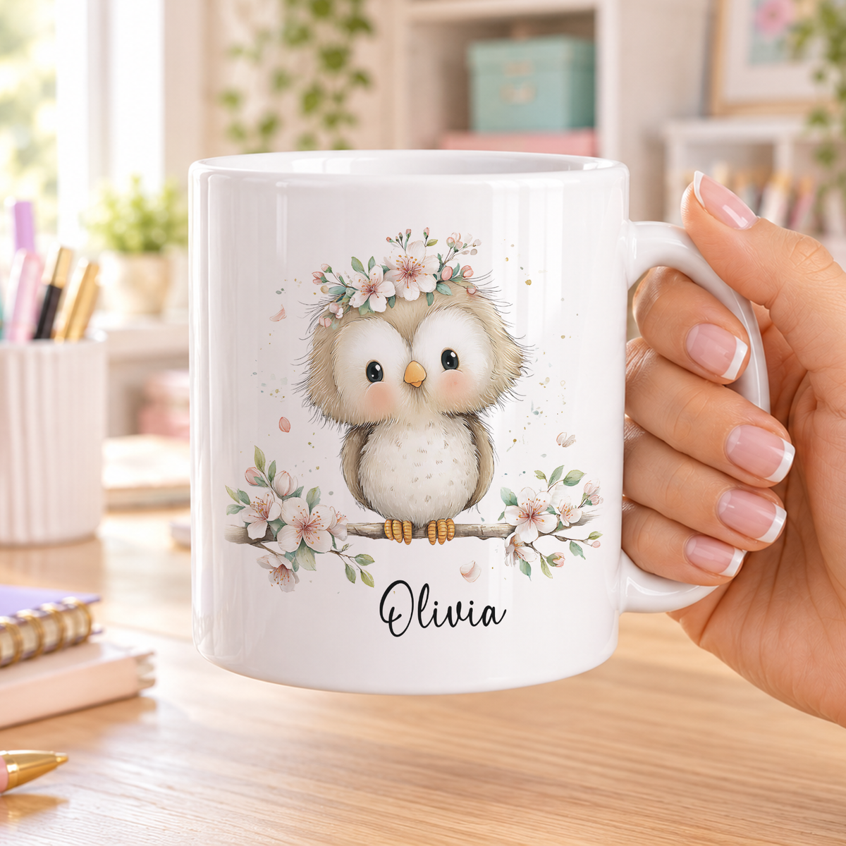 Personalised Owl Mug – Floral Design, Gift for Mum or Friend