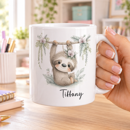 Personalised Sloth Mug – Cute Animal Gift with Relaxing Floral Design
