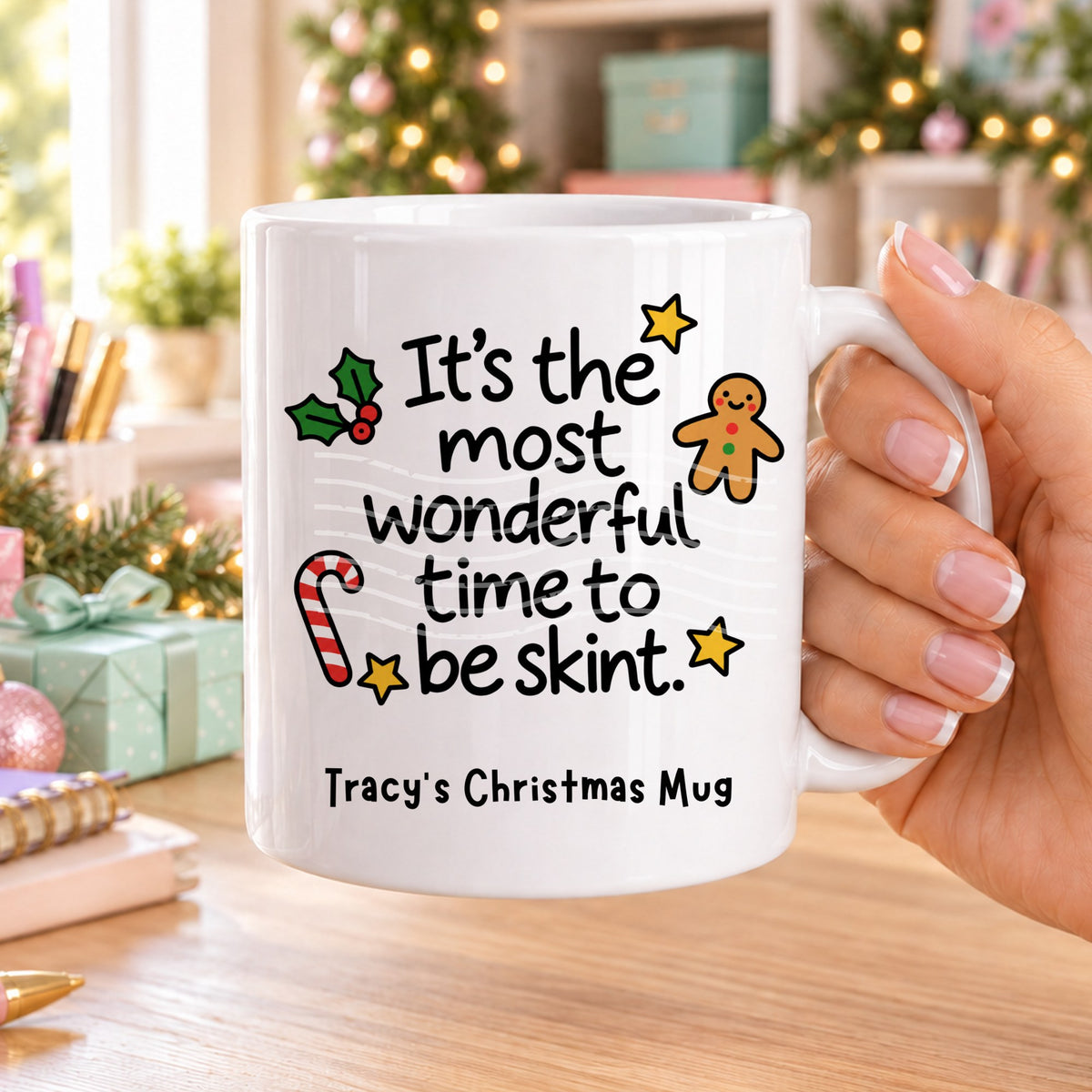 White personalised funny Christmas mug printed with “It’s the most wonderful time to be skint.” with holly, a gingerbread man, candy cane and stars, and the line “Tracy’s Christmas Mug” underneath
