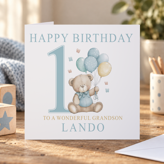 Teddy Bear First Birthday Card – Personalised Keepsake with Balloon Design
