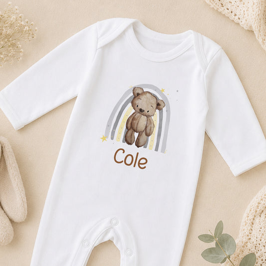Personalised Teddy Bear & Rainbow Baby sleepsuit
