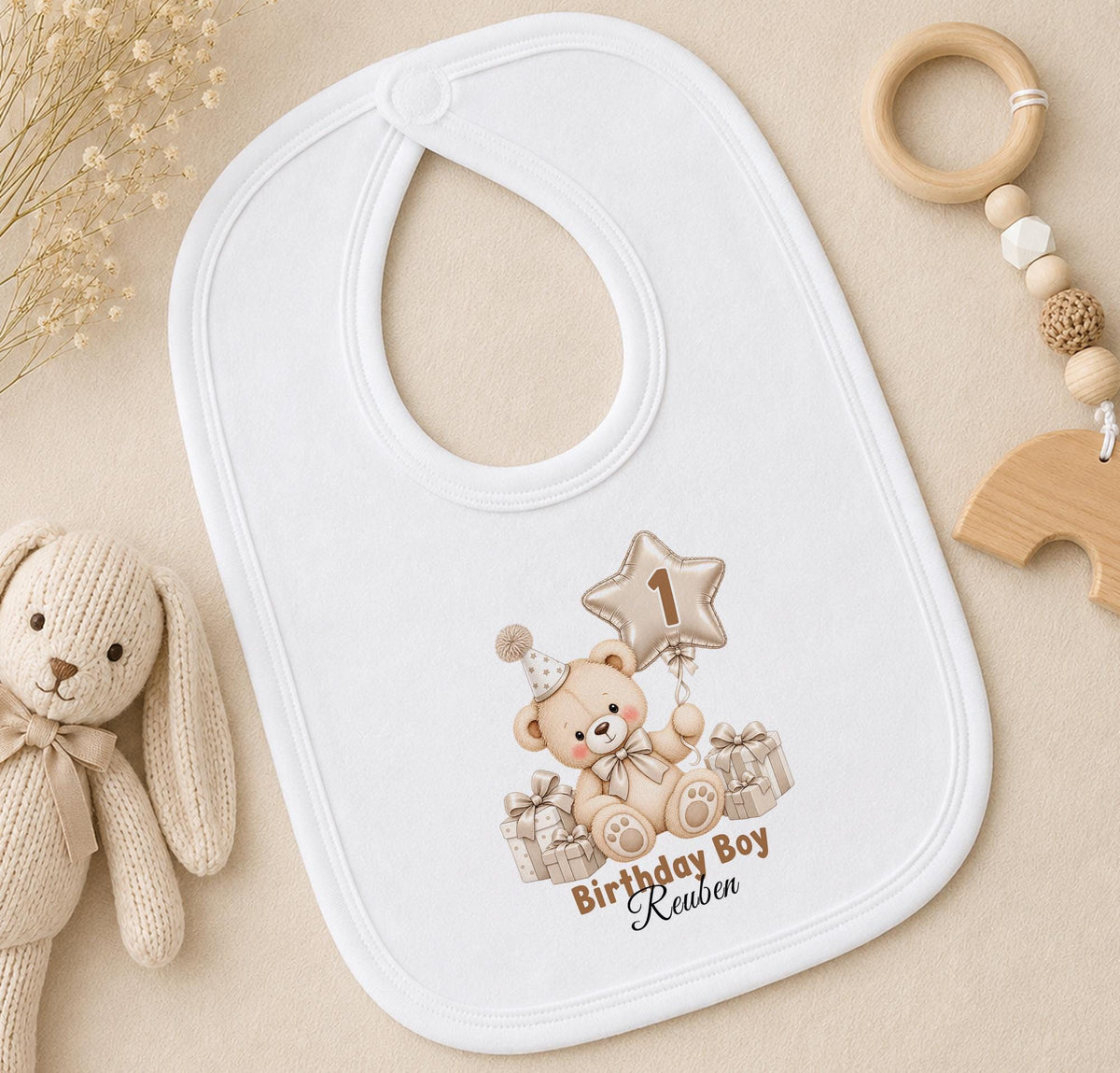 Personalised 1st birthday bib, beige teddy bear star balloon design with name