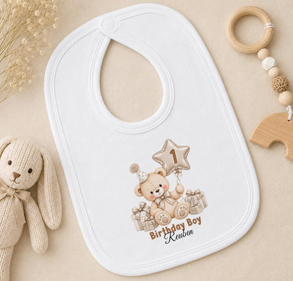 Personalised 1st birthday bib, beige teddy bear star balloon design with name