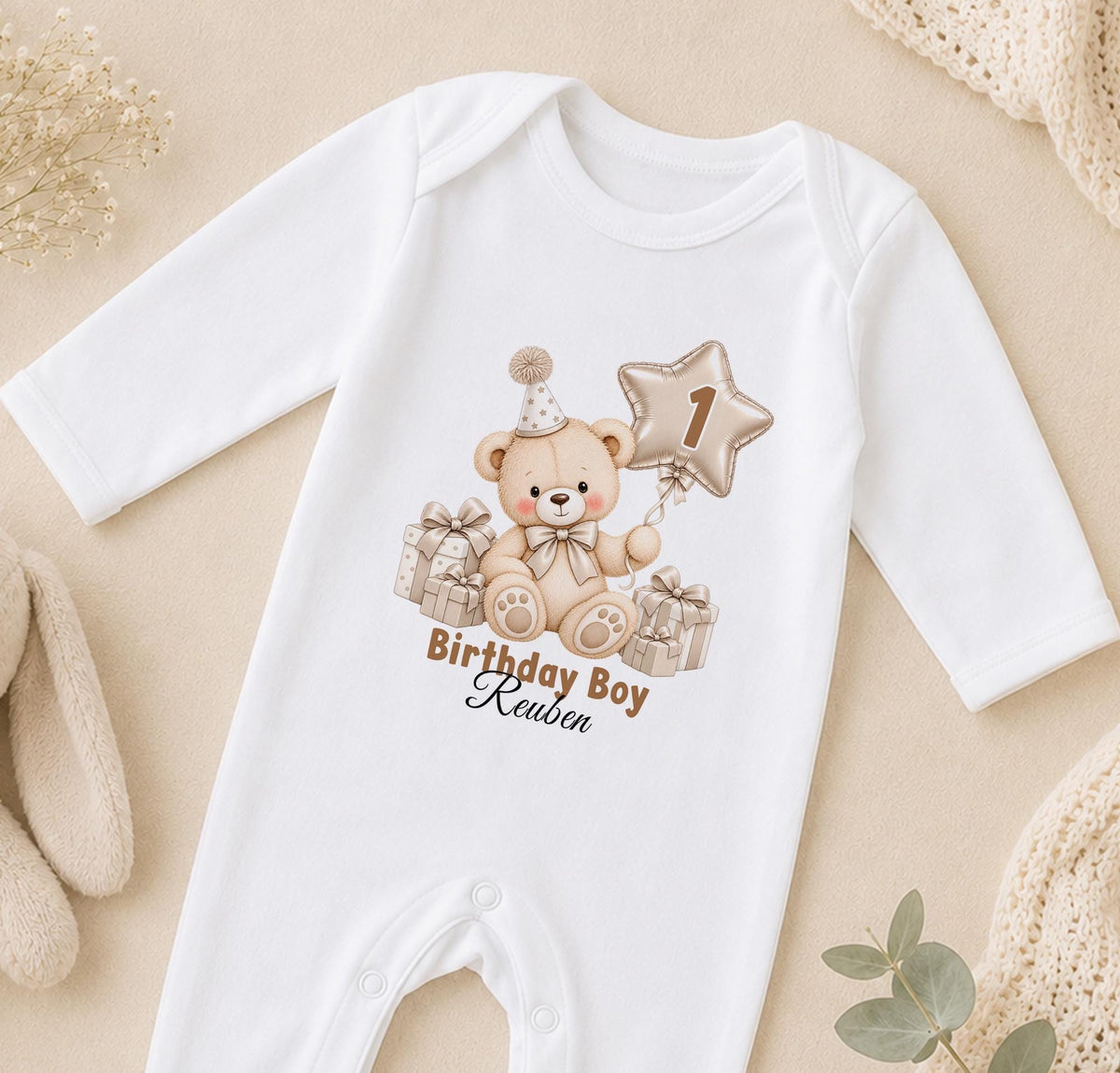 Personalised 1st birthday sleepsuit, beige teddy bear star balloon design with name
