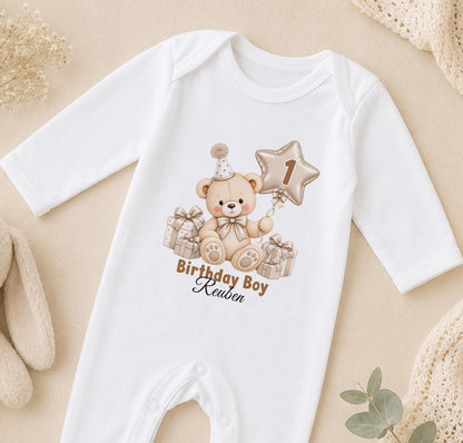 Personalised 1st birthday sleepsuit, beige teddy bear star balloon design with name