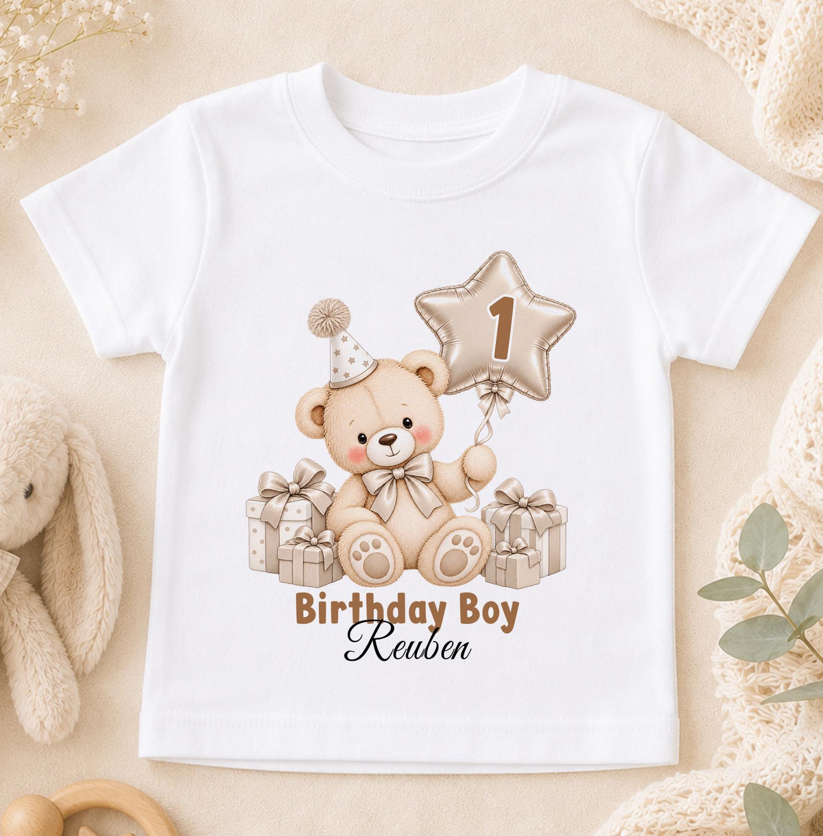 Personalised 1st birthday t-shirt, beige teddy bear star balloon design with name