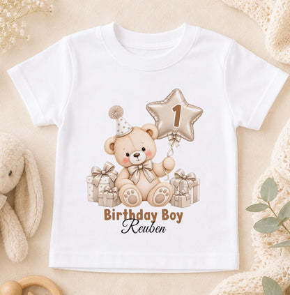 Personalised 1st birthday t-shirt, beige teddy bear star balloon design with name