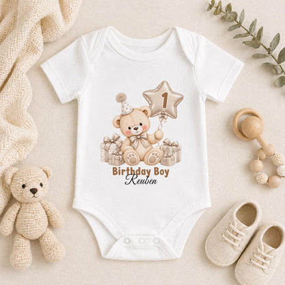 Personalised 1st birthday baby vest, beige teddy bear star balloon design with name
