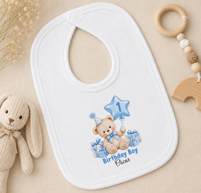 Personalised 1st birthday bib, blue teddy bear star balloon design with name