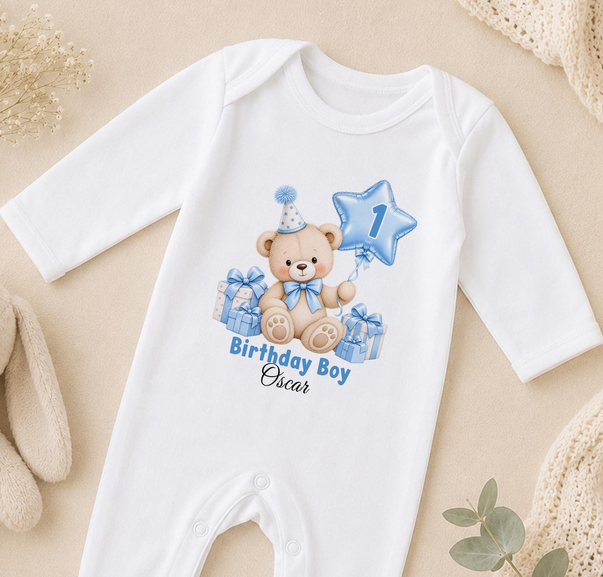Personalised 1st birthday sleepsuit, blue teddy bear star balloon design with name