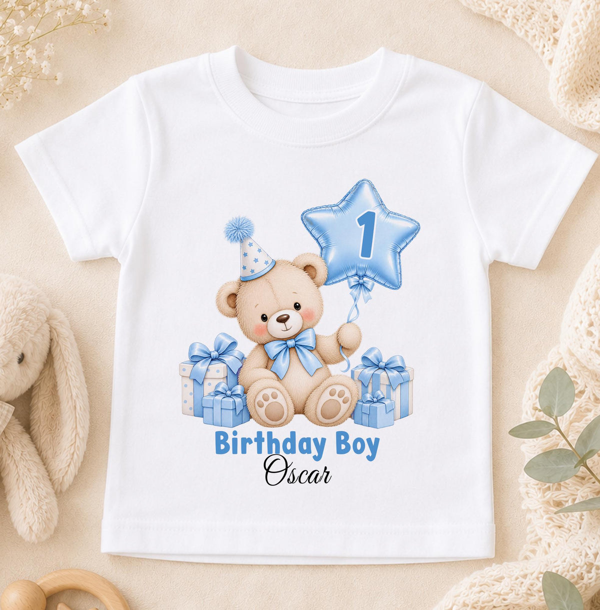 Personalised 1st birthday t-shirt, blue teddy bear star balloon design with name